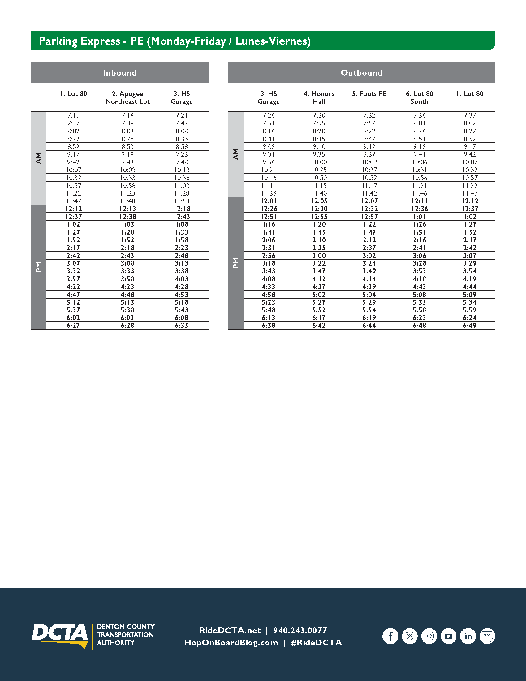 Parking Express Fall of 2024 Schedule