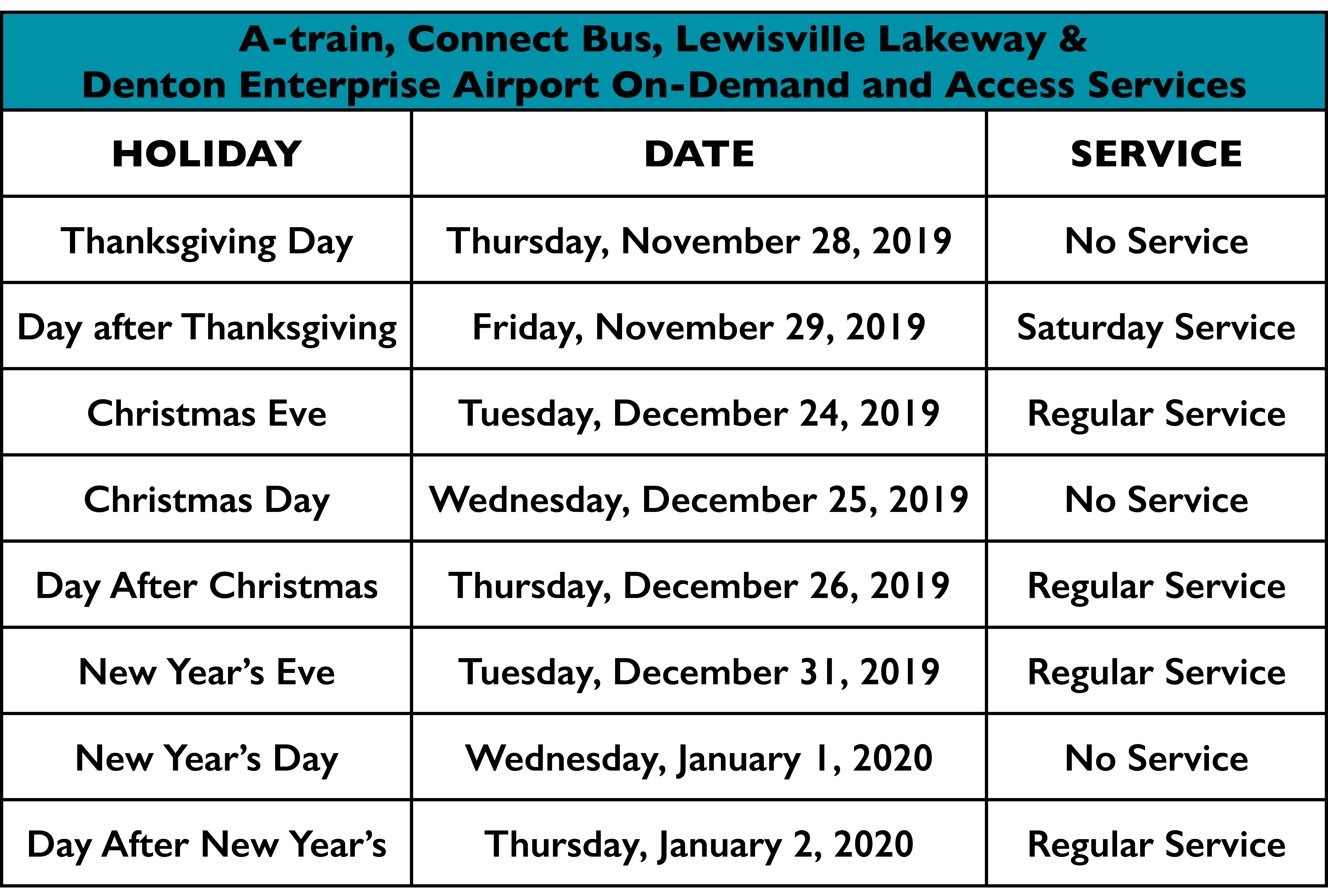A-train, Connect Bus, Lewisville Lakeway and Denton Enterprise Airport on-Demand and Access Services •	Thanksgiving Day (Thursday, November 28, 2019) – No Service •	Day After Thanksgiving (Friday, November 29, 2019) – Saturday Service •	Christmas Eve (Tuesday, December 24, 2019) –Regular Service •	Christmas Day (Wednesday, December 25, 2019) – No Service •	Day After Christmas (Thursday, December 26, 2019) – Regular Service •	New Year's Eve (Tuesday, December 31, 2019) – Regular Service •	New Year's Day (Wednesday, January 1, 2020) – No Service  •	Day After New Year’s (Thursday, January 2, 2020) – Regular Service