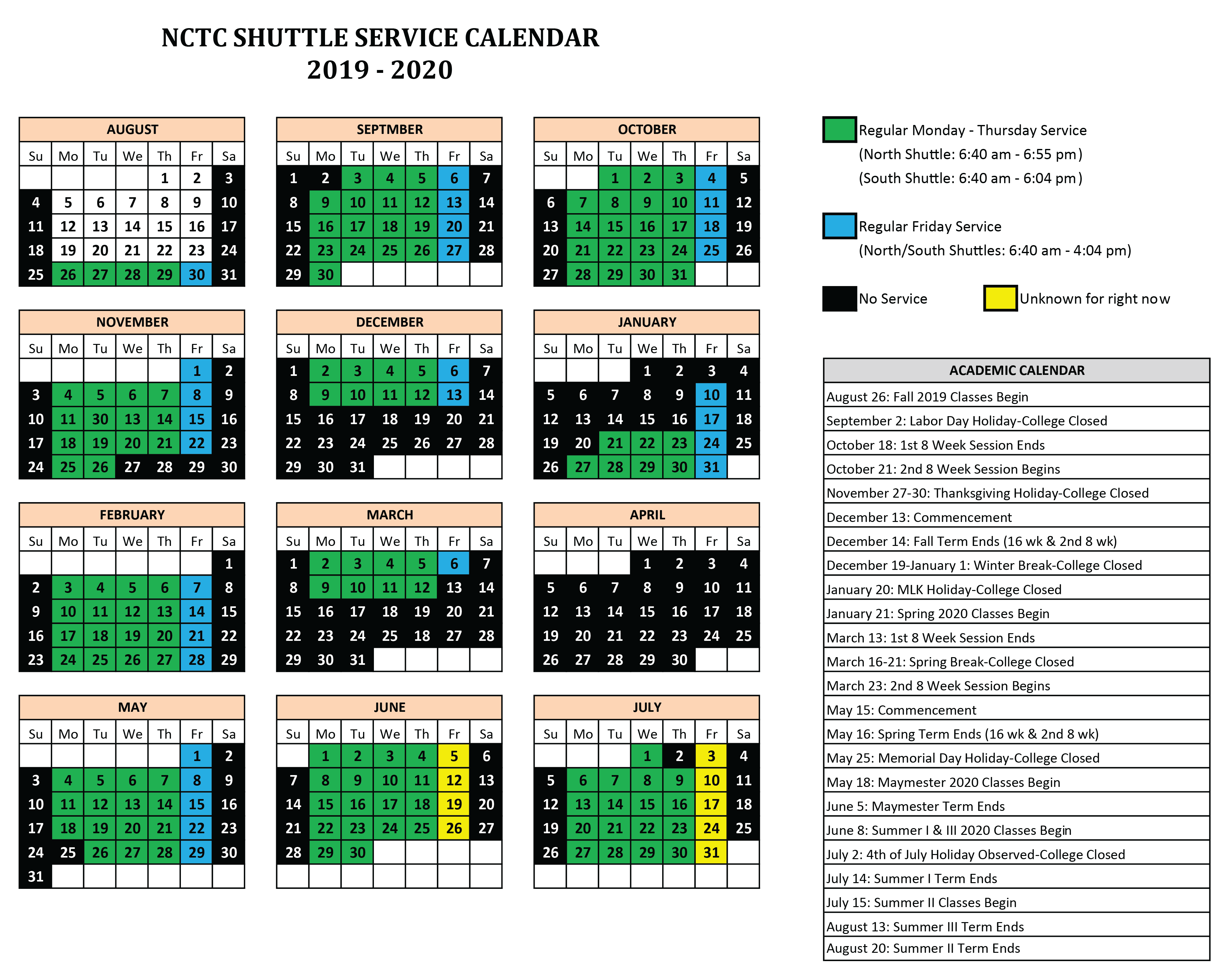 NCTC Service Calendar