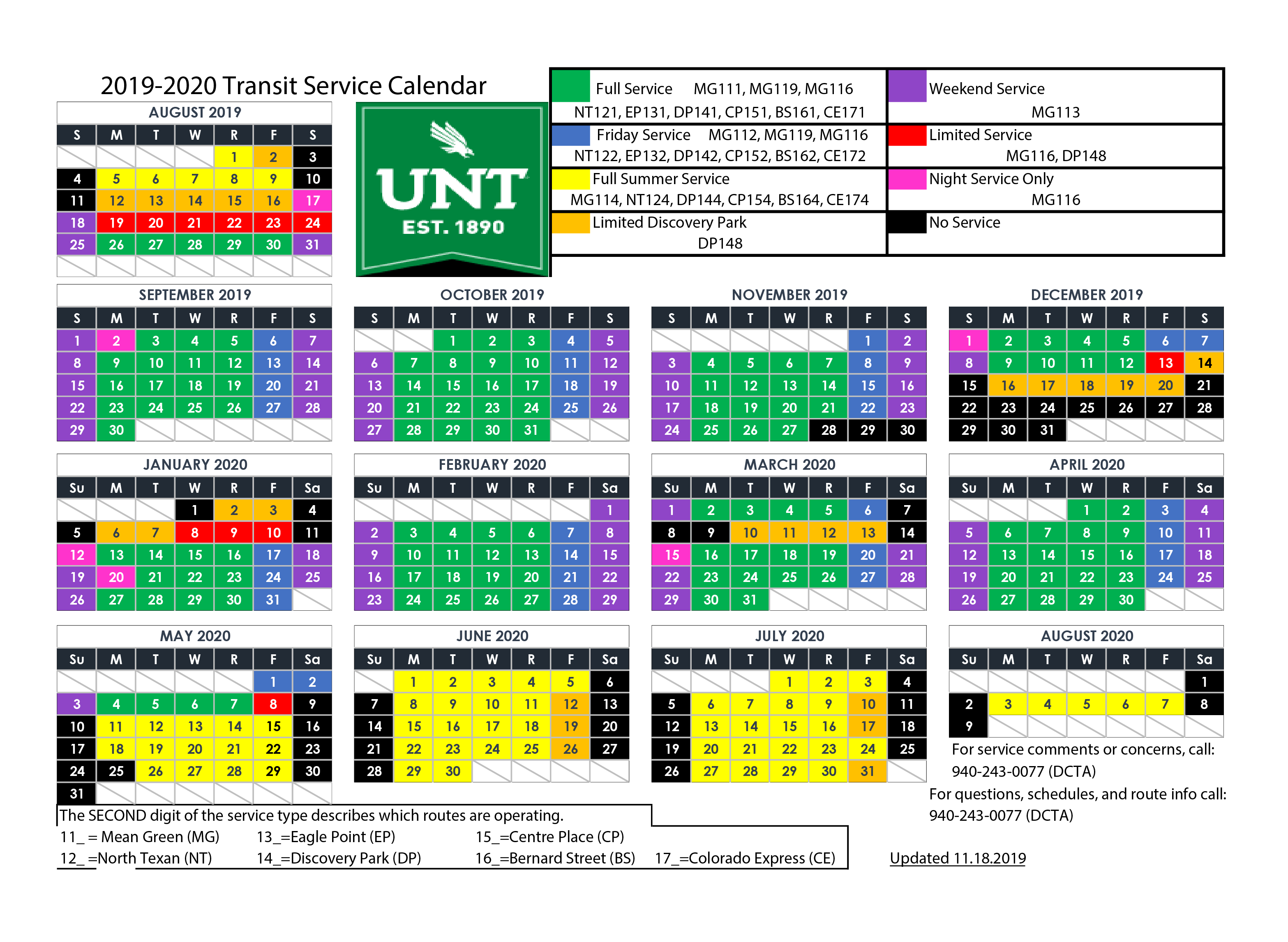 UNT 2019-2020 Transit Service Calendar