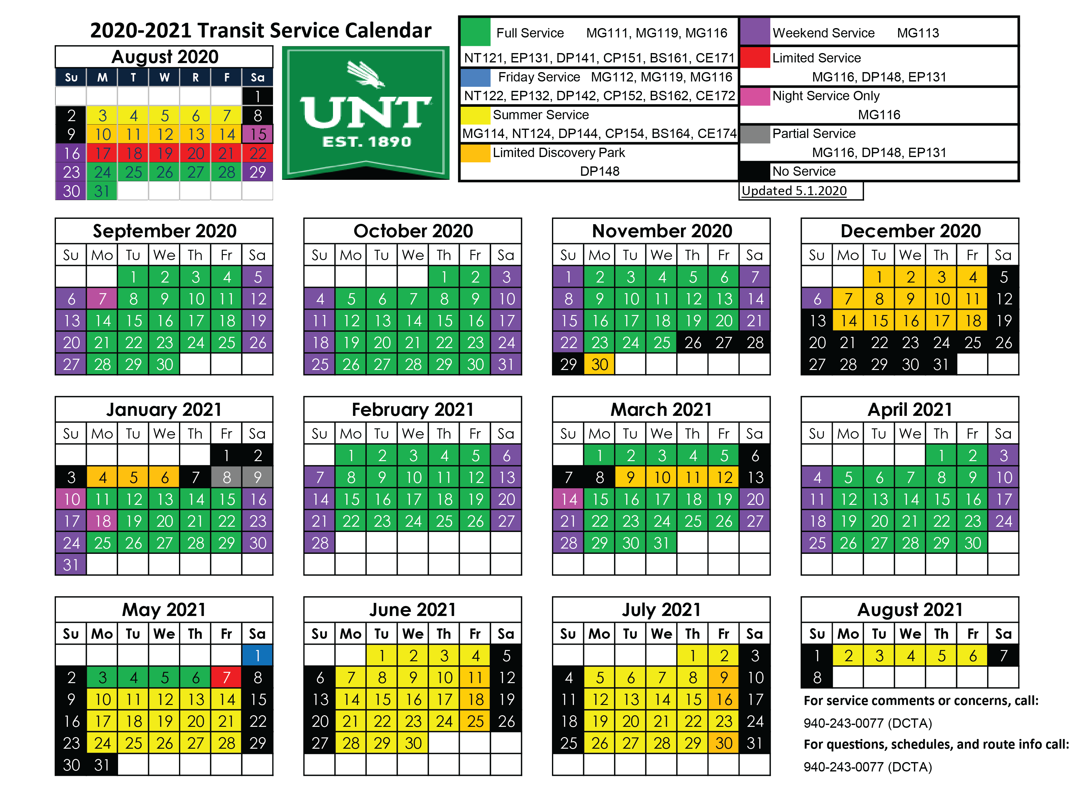 UNT Service Calendar